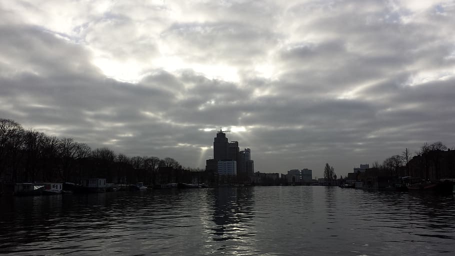 amsterdam, amstel, clouds, cloud - sky, water, architecture HD wallpaper