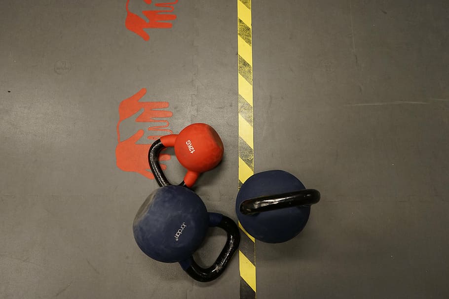 three assorted-color kettle dumbbells, red, training, silver HD wallpaper
