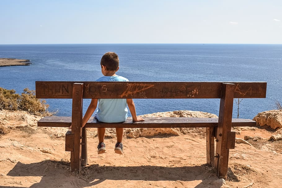 boy, musing, muse, sea, infinity blue, bench, water, men, one person HD wallpaper