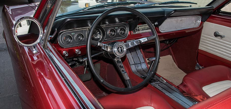 black vehicle steering wheel close-up photo, auto, ford, mustang HD wallpaper
