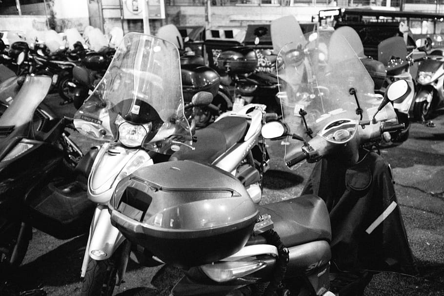 Moped parking, other, black And White, motorcycle, people, motor Scooter HD wallpaper