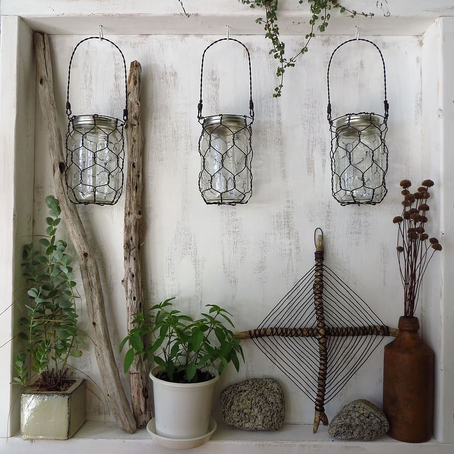 canister lamps mounted on wall, wire, folk art, handmade, baskets HD wallpaper