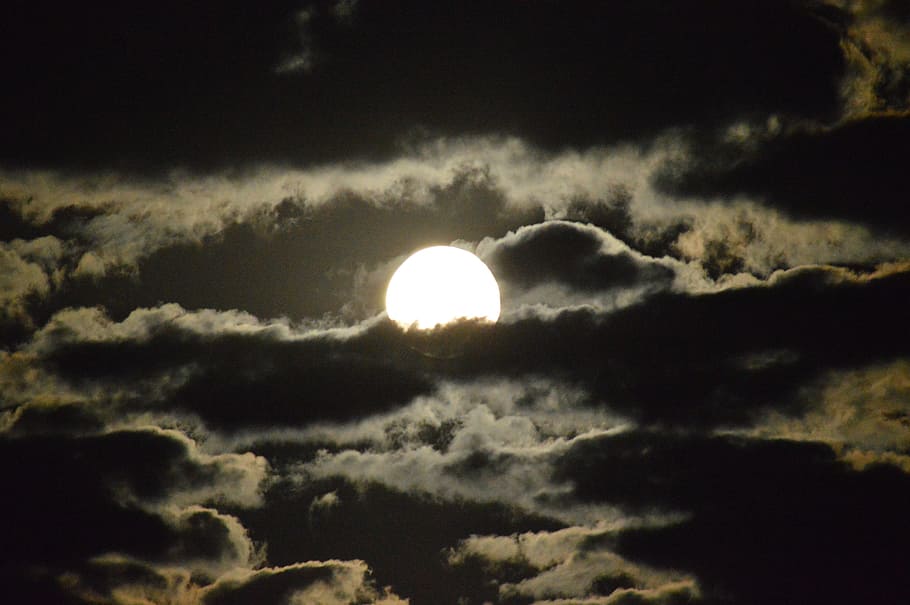bright full moon covered with clouds, heaven, night, nature HD wallpaper