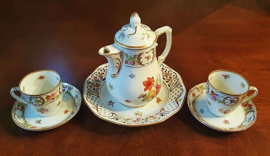 white-and-red 3-piece tea set, china, fine china, chinaware, teacups