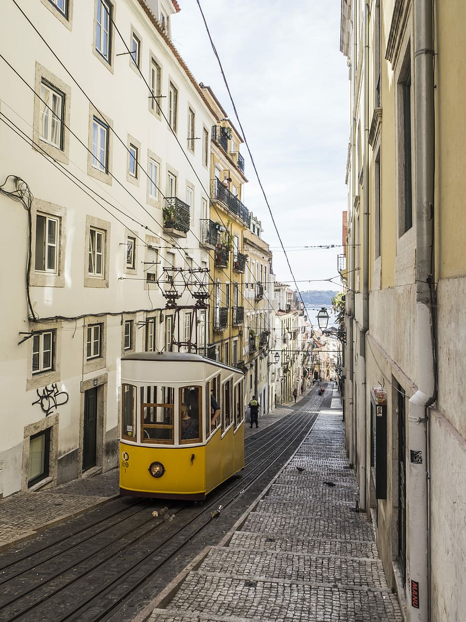 Ascensor da Bica, tram on street, city, tramline, tracks, buildings