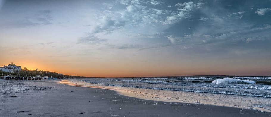 sunset, water, wave, sea, abendstimmung, beach, nature, sky HD wallpaper