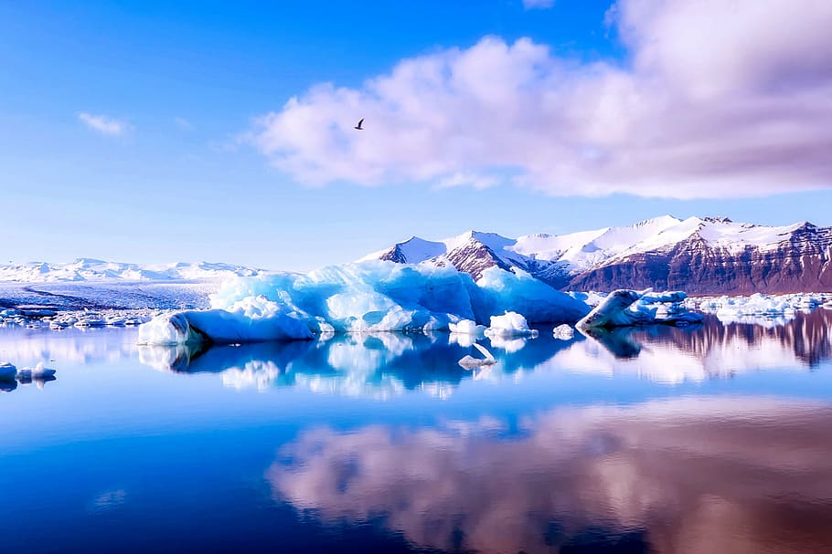 snow mountain near body of water, iceland, sky, clouds, mountains HD wallpaper