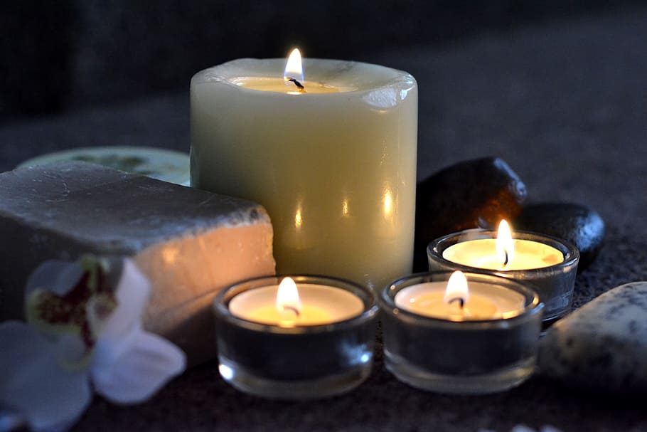 four lighted candles in candle holders, spa, relax, fire, burning HD wallpaper
