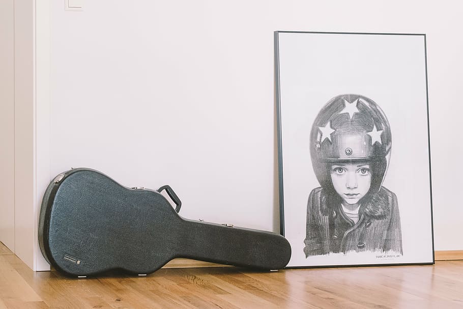 boy, case, child, classic, floor, guitar case, helmet, kid HD wallpaper