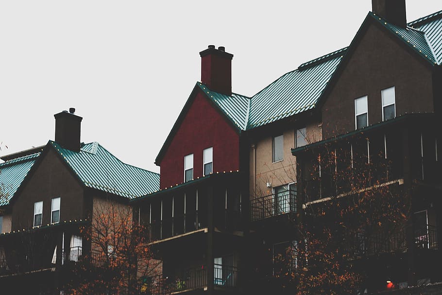 low-angle photo of brown houses, architecture, building, infrastructure HD wallpaper