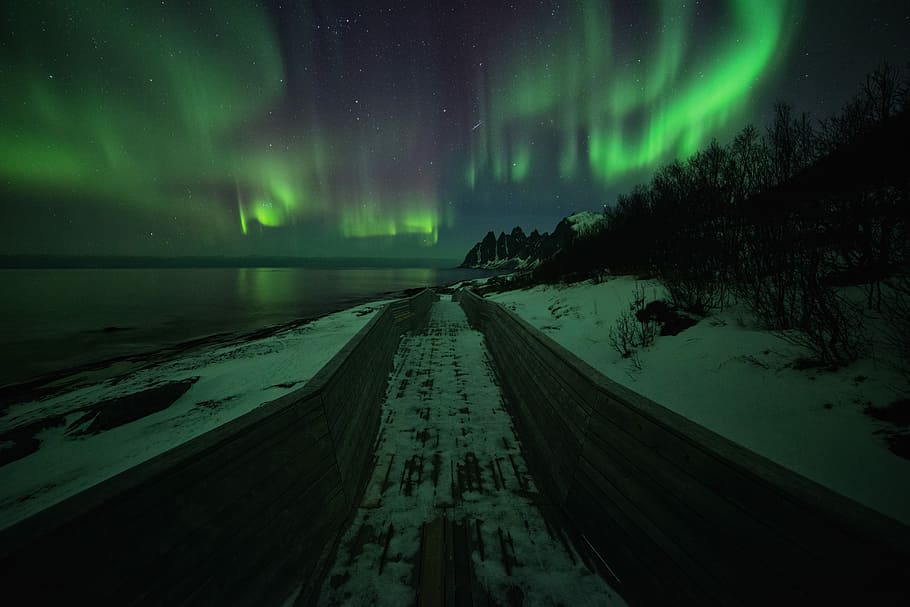 Aurora Borealis beach, Aurora Borealis, snow, night, astronomy, HD wallpaper