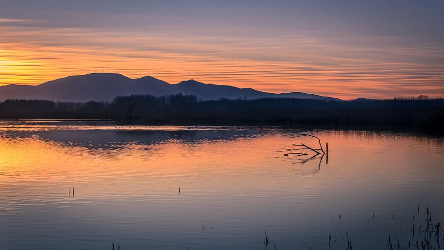 sunset, waters, nature, lake, sky, italy, tuscany, padule, reflections HD wallpaper