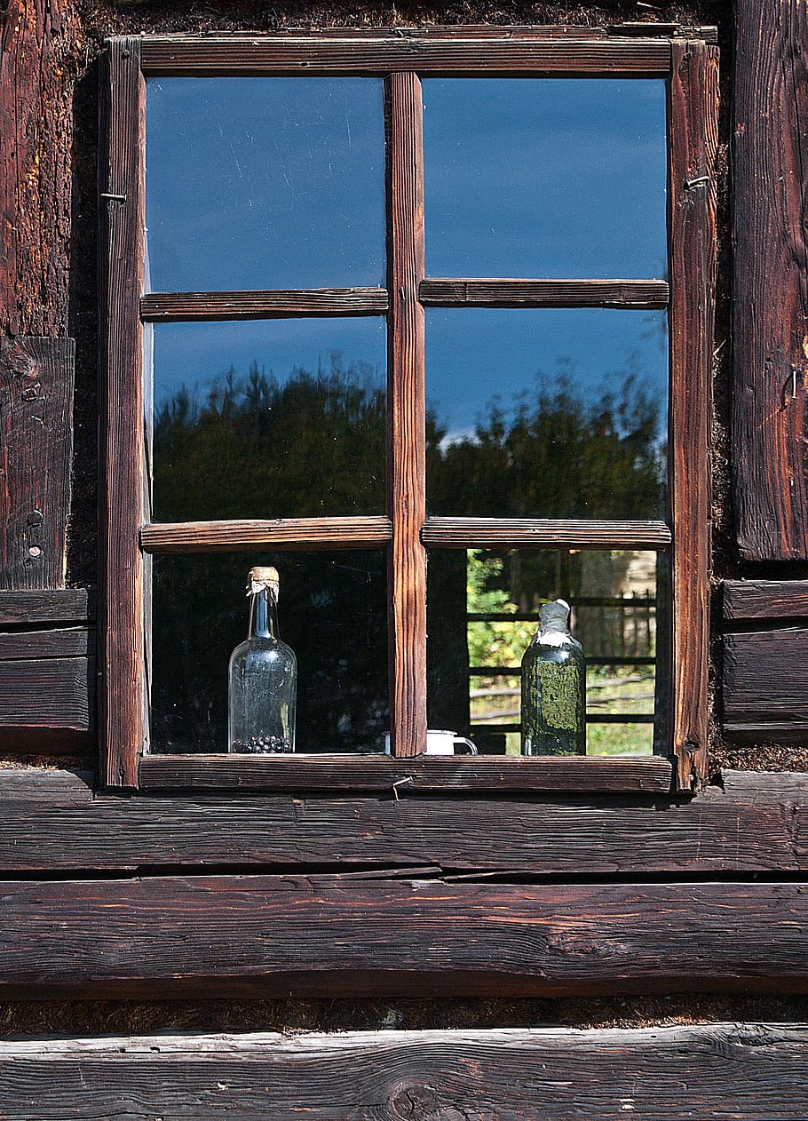 two glass bottles near windowpane, Old, Cottage, Monument, malopolska HD wallpaper