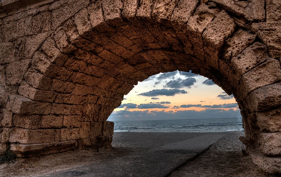 brown concrete arch, beach, sunset, sky, sea, water, land, scenics - nature HD wallpaper