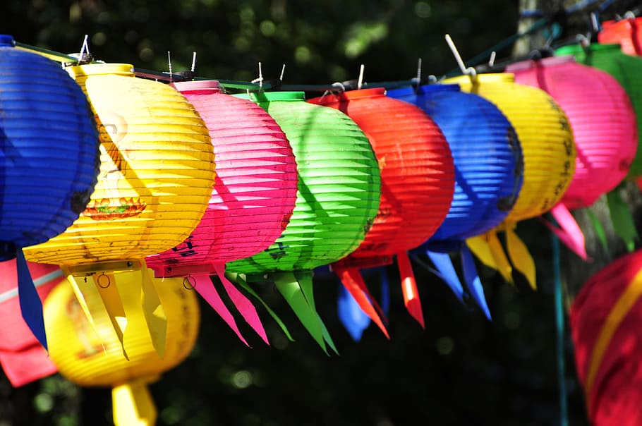 assorted-color paper lanterns, Colorful, Lampion, Red, Blue, Yellow, HD wallpaper
