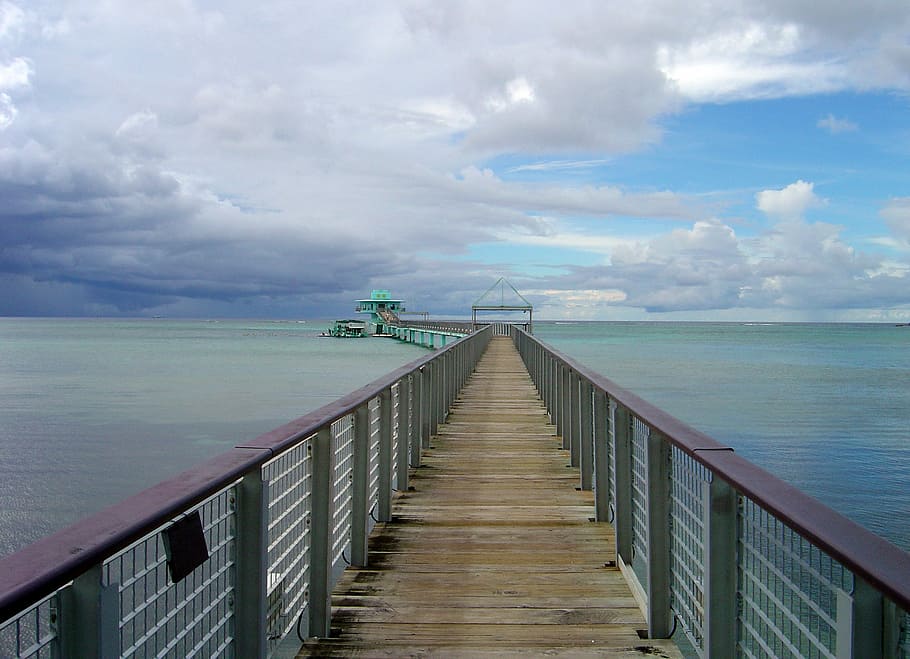 Tourist pier and tower on Guam walkway, boardwalk, clouds, ocean HD wallpaper