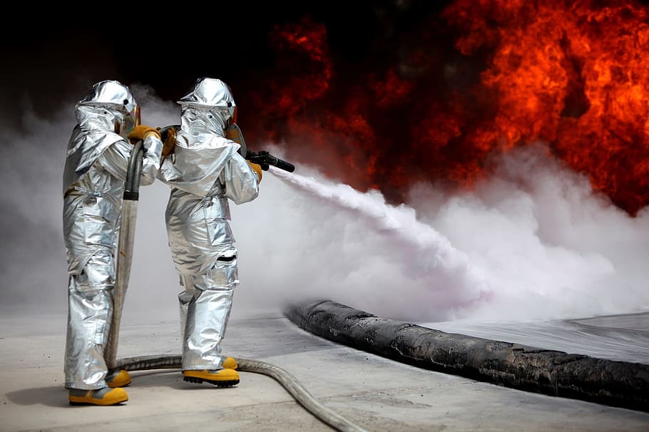 two fire fighters, firefighters, training, live, controlled HD wallpaper