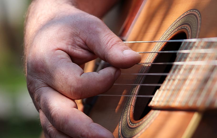 macro photography of man using guitar, hand, instrument, music, HD wallpaper