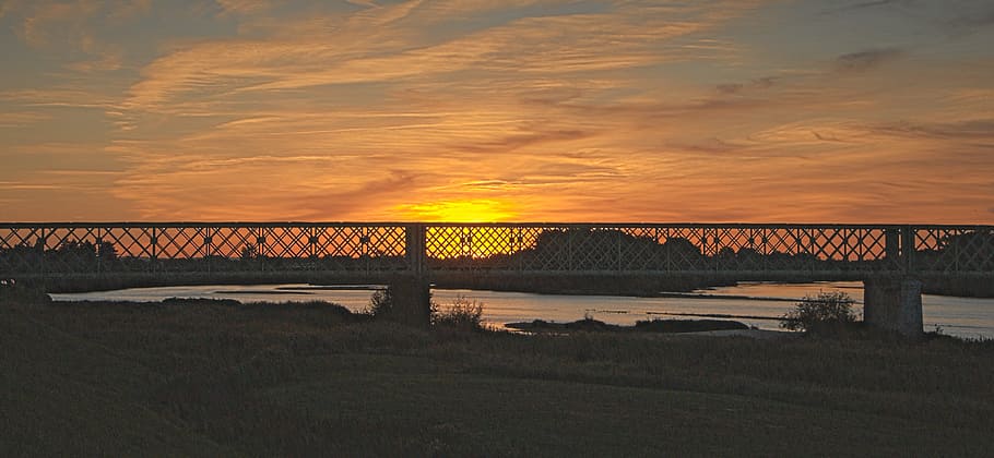 sunset, loire, river, railway bridge, sky, twilight, landscape HD wallpaper