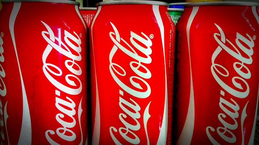 three Coca-Cola soda cans, coca cola, tin, drink, red, retail, HD wallpaper