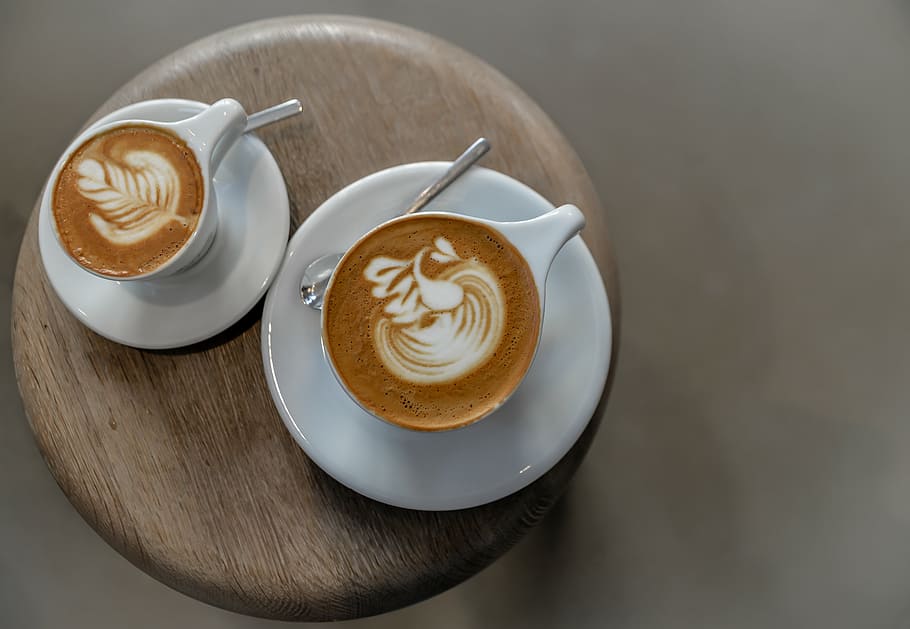 cream-latte on round brown wooden table, coffee, hot, drink, espresso