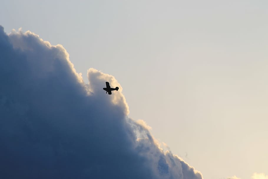 split, bi-plane, air show, thunderclouds, airplane, aviation HD wallpaper