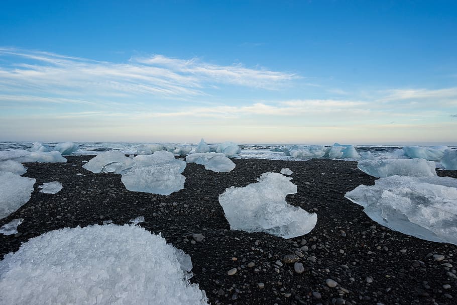 HD wallpaper: ice on black rocks under white clouds and blue sky, ice ...