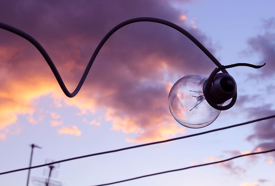 light, bulb, wire, electricity, sky, clouds, cloud - sky, no people HD wallpaper