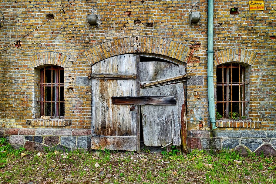Door, Ruin, Barn, Entrance, Abandoned, brick, broken, facade