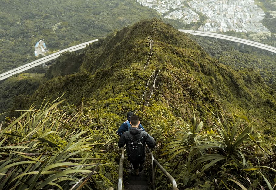 Climbing Crew, people crossing metal pathway on mountain hills HD wallpaper
