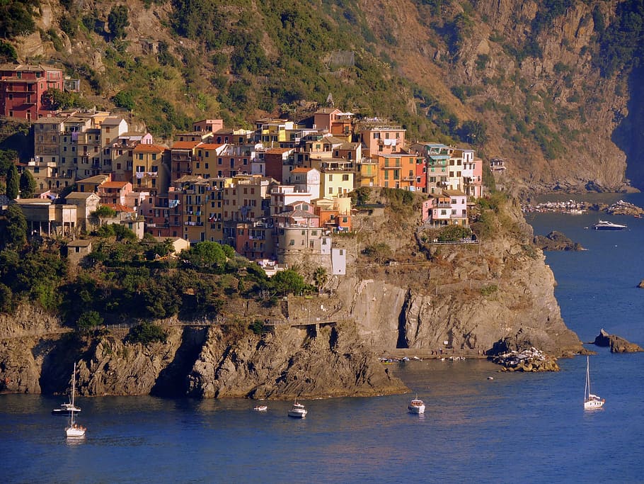 houses, mountain, sea, corniglia, colors, cinque terre, colorful, HD wallpaper