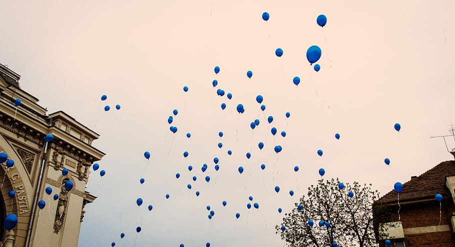 Balloons, Blue, Sky, Air, Flying, Helium, outdoors, built structure HD wallpaper