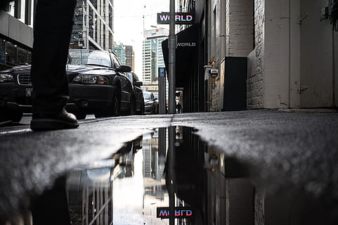 photography of body of water, reflection, puddle, rain, road HD wallpaper