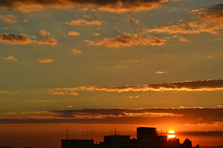 sky, sol, sun, sunset, orange sky, clouds, afternoon, city HD wallpaper
