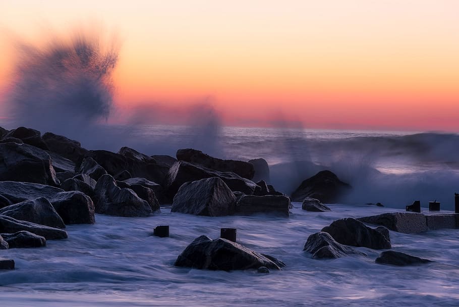 sunset, dusk, sea, ocean, splash, crashing, waves, seaside HD wallpaper