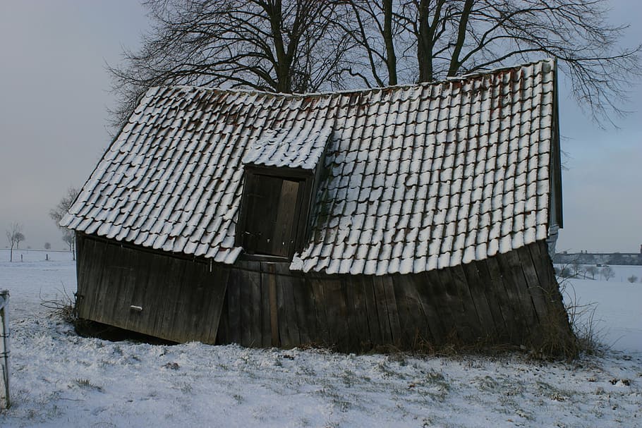 barn, barns, broken barn, old, snow, winter, wood - Material HD wallpaper
