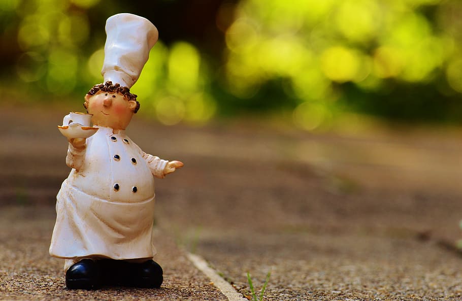 ceramic chef figurine on brown surface, cooking, coffee, figures HD wallpaper