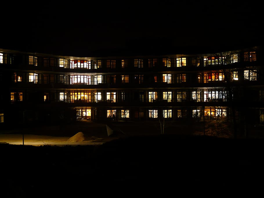 Building, Night, Lighting, Architecture, block of flats, bookshelf HD wallpaper
