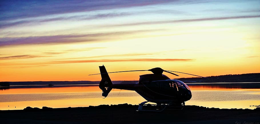 silhouette of helicopter, twilight, himmel, sunset, sky, water HD wallpaper