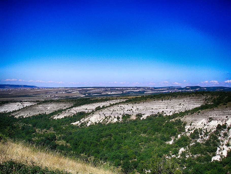 crimea, landscape, sky, clouds, mountains, rocks, valley, ravine HD wallpaper
