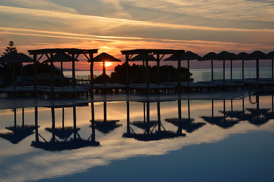 sunset, abendstimmung, water reflection, afterglow, sea, nature HD wallpaper