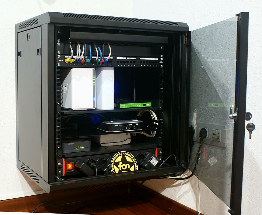 rack cabinet, computing, router, hard drive, technology, security HD wallpaper