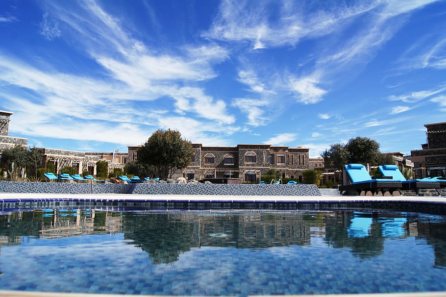 spa, oman, jabel al akhdar, pool, sky, travel, relaxation, rest, HD wallpaper