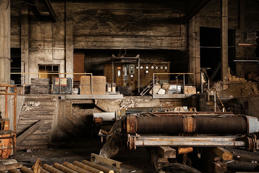 brown wooden kitchen, old factory, retro, abandoned, outdoors
