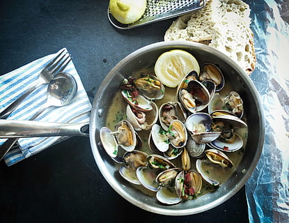 clams, cook, cooking, cuisine, dish, food, meal, pan, shellfish HD wallpaper