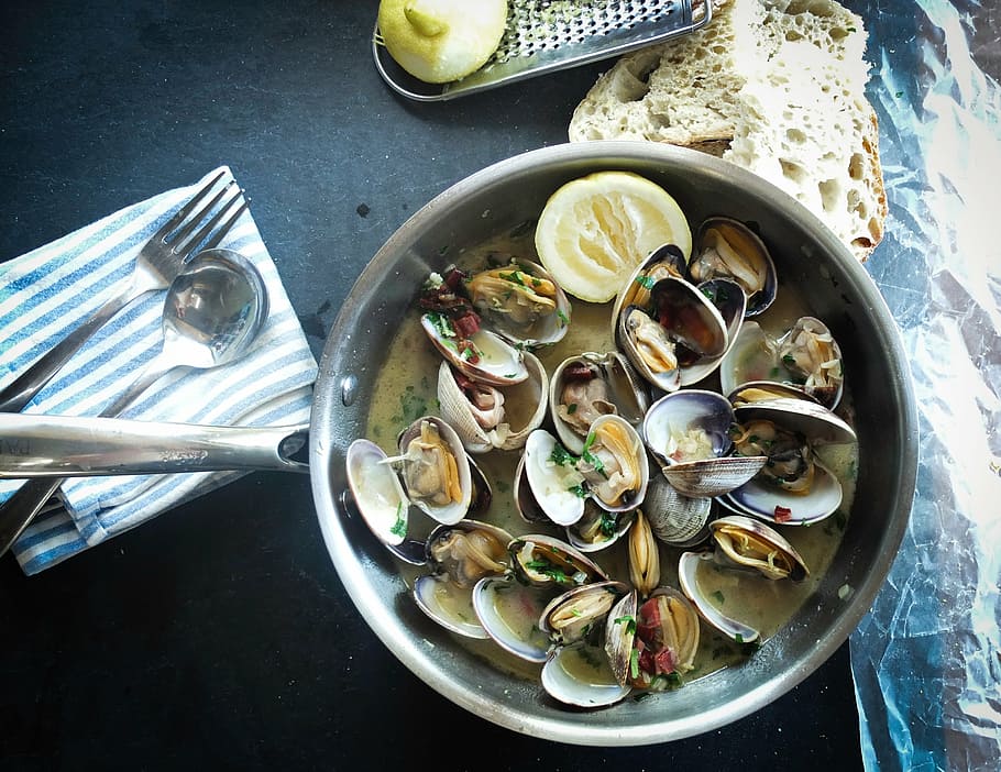 clams, cook, cooking, cuisine, dish, food, meal, pan, shellfish HD wallpaper