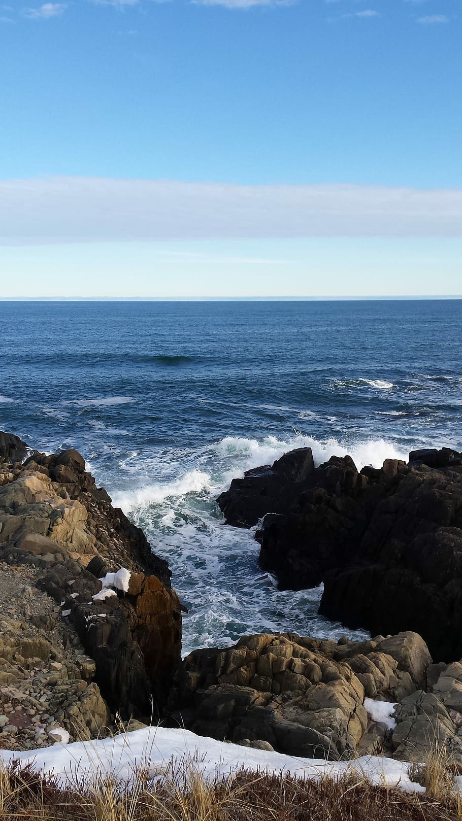 Atlantic Ocean, Rocks, Cliffs, clear skies, water, snow, sea HD wallpaper