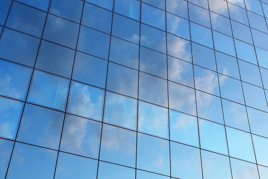 architectural photography of building mirror, the window, blue HD wallpaper