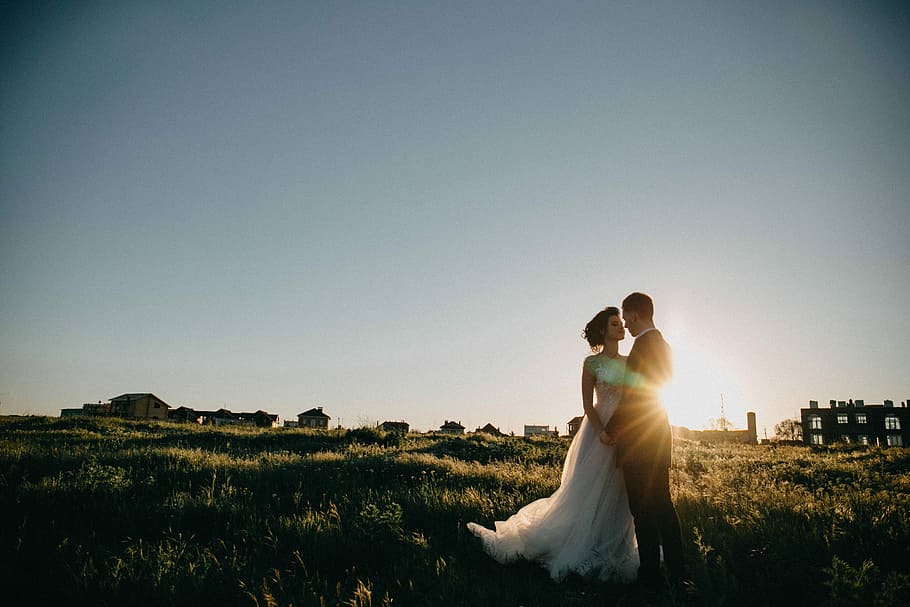 bride and groom on green grass field, photo of bride and groom standing on grass field HD wallpaper