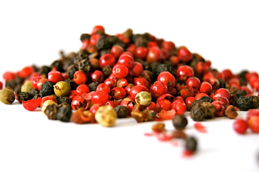 mixed spices on white surface, pepper, black, red, kitchen, season, HD wallpaper